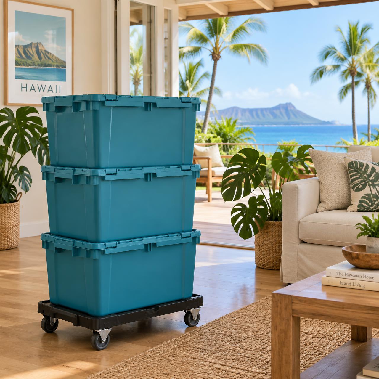 Three teal reusable moving totes stacked on a dolly in a bright Maui living room
