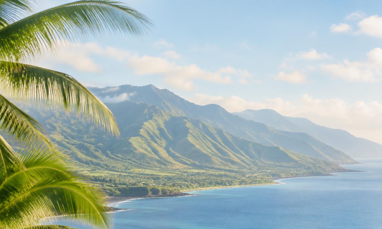 Green West Maui mountains framed by palm fronds